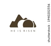 He is risen, the tomb of Christ on a light background. badge.