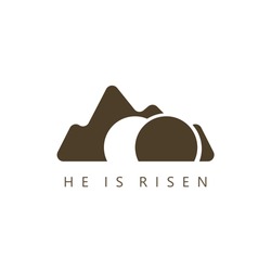 He Is Risen, The Tomb Of Christ On A Light Background. Badge.