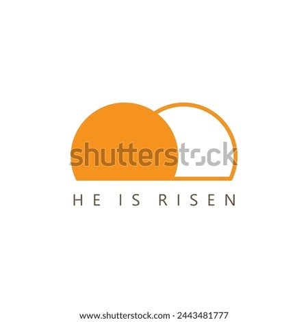 He is risen, the tomb of Christ on a light background. badge.
