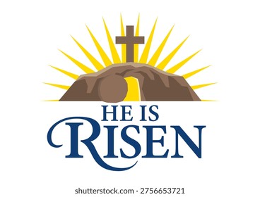He Is Risen typography with empty tomb and cross, Easter Resurrection Christian symbol.