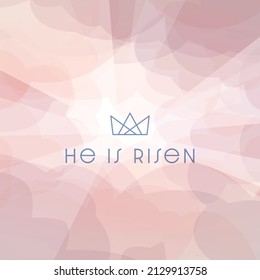 He is Risen under crown icon, with multi-colored clouds with bright sun rays shining through. Symbolizing the resurrection of Jesus Christ. Easter social media square card.

