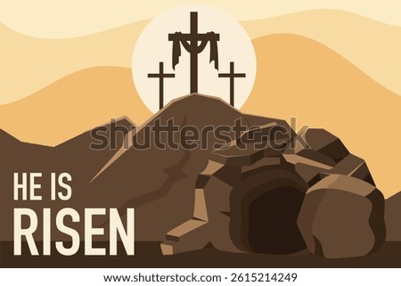 He is Risen - vector Easter illustration. Empty tomb with three crosses behind.  Stock photo © 