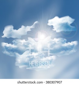 He is risen, vector Easter religious illustration with transparency and gradient mesh.