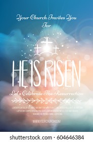 He is risen, vector Easter religious poster template with transparency and gradient mesh. Church invitation flyer, vector illustration.