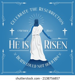 He is risen! White lettering logo on blue background