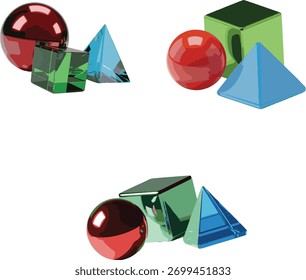 Las Formas son una Grande esfera roja brillante a la izquierda, un cubo verde brillante en el centro y una pirámide azul claro a la derecha.