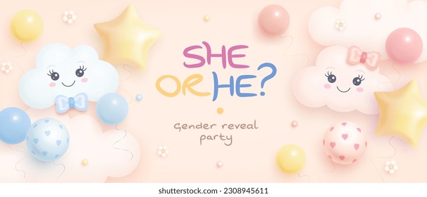 He or she. Boy or girl. Cartoon gender reveal invitation template. Horizontal banner with realistic clouds and helium balloons. Vector illustration