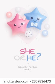 He or she. Boy or Girl. Cartoon gender reveal invitation template. Vertical banner with realistic helium balloons. Vector illustration