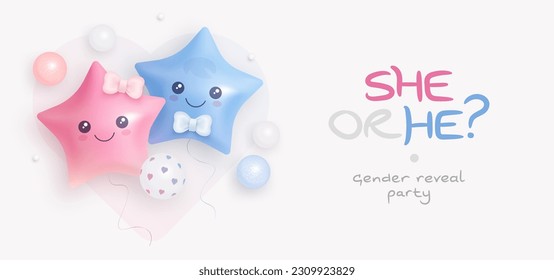 He or she. Boy or Girl. Cartoon gender reveal invitation template. Horizontal banner with realistic helium balloons. Vector illustration