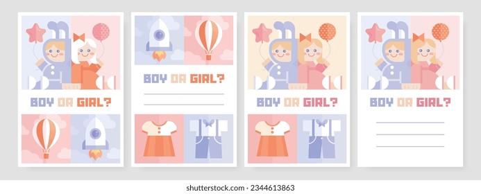 He or she. Boy or girl. Cartoon gender reveal invitation template set. Retro simple minimal style. Bauhaus mosaic pattern. Geometric elements. Vector illustration