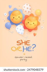 He or she. Boy or girl. Cartoon gender reveal card, flyer, invitation design template. Vertical banner with 3d realistic cartoon sun, helium balloons and flowers. Vector illustration