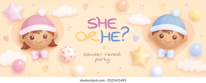 He or she. Boy or girl. Cartoon gender reveal card, banner, invitation design template. Wallpaper with 3d cartoon black baby girl and black baby boy. Vector illustration