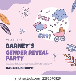 He or she. Boy or Girl. gender reveal invitation template. Vector illustration. gender reveal party. Cartoon gender reveal invitation.