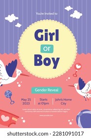 He or she. Boy or Girl. gender reveal invitation template. Vector illustration. gender reveal party. Cartoon gender reveal invitation.