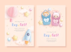 He Or She. Boy Or Girl. Set Of Cartoon Gender Reveal Invitation Template. Vertical Banner With Realistic Toys And Helium Balloons. Vector Illustration