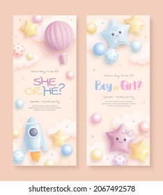 He or she. Boy or girl. Set of cartoon gender reveal roll up template. Horizontal banner with realistic rocket, hot air balloon and helium balloons. Vector illustration