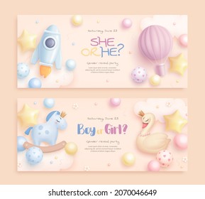 He or she. Boy or girl. Set of cartoon gender reveal invitation template. Horizontal banner with realistic rocket, hot air balloon, swan and horse. Vector illustration