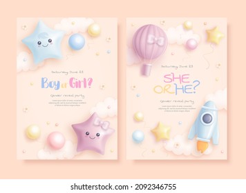 He or she. Boy or Girl. Set of cartoon gender reveal invitation template. Vertical banner with realistic toys and helium balloons. Vector illustration