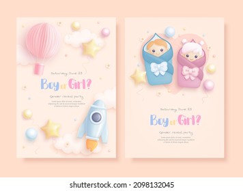 He or she. Boy or Girl. Set of cartoon gender reveal invitation template. Vertical banner with realistic toys and helium balloons. Vector illustration - Shutterstock ID 2098132045