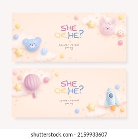 He or she. Boy or Girl. Set of cartoon gender reveal invitation template. Horizontal banner with realistic toys and helium balloons. Vector illustration