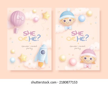 He or she. Boy or Girl. Set of cartoon gender reveal invitation template. Vertical banner with realistic toys and helium balloons. Vector illustration