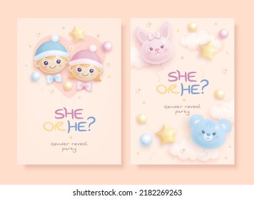 He or she. Boy or Girl. Set of cartoon gender reveal invitation template. Vertical banner with realistic toys and helium balloons. Vector illustration