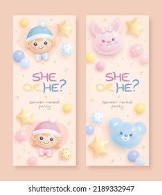 He or she. Boy or girl. Set of cartoon gender reveal roll up template. Horizontal banner with realistic helium balloons and flowers. Vector illustration