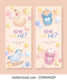 He or she. Boy or girl. Set of cartoon gender reveal roll up template. Vertical banner with realistic swan, horse, helium balloons and flowers. Vector illustration