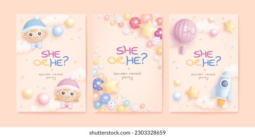 He or she. Boy or Girl. Set of cartoon gender reveal invitation template. Vertical banner with realistic toys and helium balloons. Vector illustration