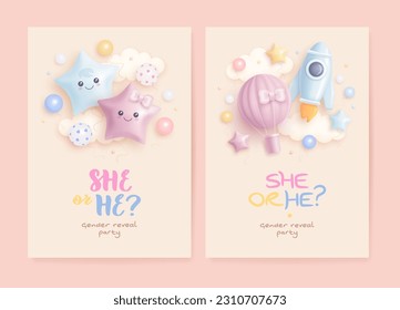 He or she. Boy or Girl. Set of cartoon gender reveal invitation template. Vertical banner with realistic toys and helium balloons. Vector illustration