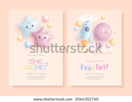 He or she. Boy or Girl. Set of cartoon gender reveal invitation template. Vertical banner with realistic toys and helium balloons. Vector illustration Foto stock © 