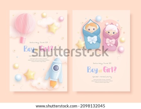 He or she. Boy or Girl. Set of cartoon gender reveal invitation template. Vertical banner with realistic toys and helium balloons. Vector illustration Foto stock © 