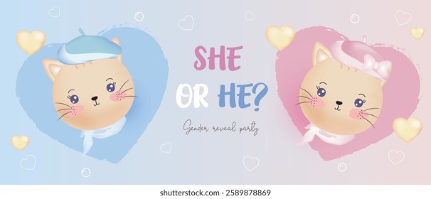 
He or she. Boy or Girl.Template,invitation banner. Horizontal banner with realistic toys and hearts. Vector illustration