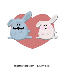 He and she bunnies and the heart at the background. Pink smiling girl rabbit. Blue rabbit with mustache. Hare love. Vector isolated. For a postcard or invitation. 