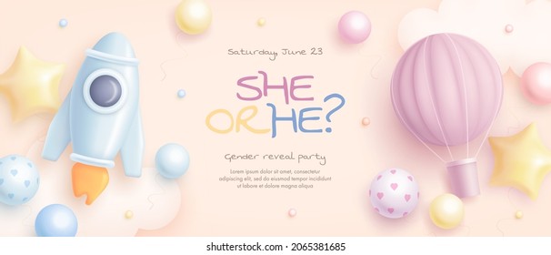 He or she. Cartoon gender reveal invitation template. Horizontal banner with realistic rocket, hot air balloon and helium balloons. Vector illustration