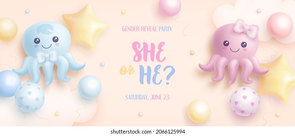 He or she. Cartoon gender reveal invitation template. Horizontal banner with realistic octopus and helium balloons. Vector illustration