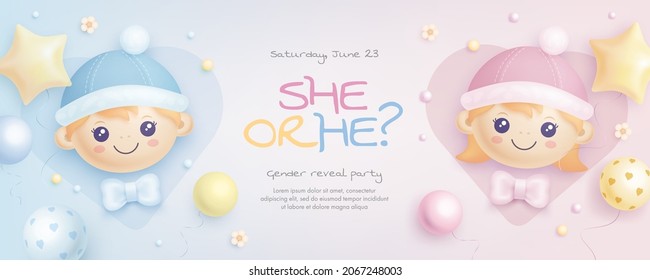 He or she. Cartoon gender reveal invitation template. Horizontal banner with realistic helium balloons. Vector illustration