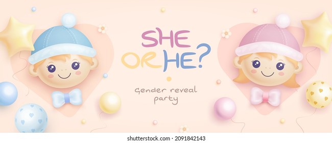 He or she. Cartoon gender reveal invitation template. Horizontal banner with realistic helium balloons. Vector illustration