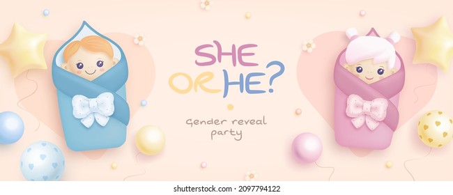 He or she. Cartoon gender reveal invitation template. Horizontal banner with realistic infants and helium balloons. Vector illustration