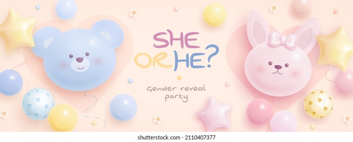 He or she. Cartoon gender reveal invitation template. Horizontal banner with helium balloons and flowers. Vector illustration