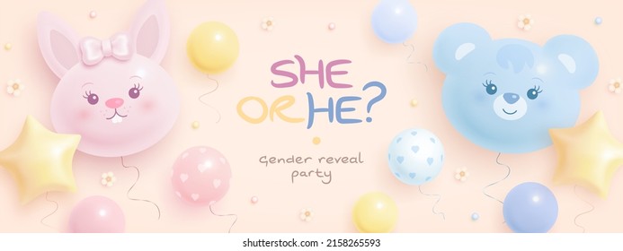 He or she. Cartoon gender reveal invitation template. Horizontal banner with helium balloons and flowers. Vector illustration