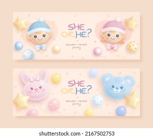 He or she. Cartoon gender reveal invitation template. Set of horizontal banner with helium balloons and flowers. Vector illustration