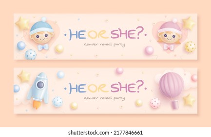 He or she. Cartoon gender reveal invitation design template. Set of horizontal banner with cartoon baby boy, baby girl, hot air balloon, rocket, helium balloons and flowers. Vector illustration