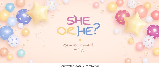 He or she. Cartoon gender reveal invitation template. Horizontal banner with helium balloons and flowers. Vector illustration