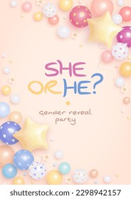 He or she. Cartoon gender reveal invitation template. Vertical banner with helium balloons and flowers. Vector illustration