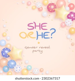 He or she. Cartoon gender reveal invitation template. Square banner with helium balloons and flowers. Vector illustration