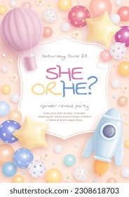 He or she. Cartoon gender reveal invitation template. Vertical banner with rocket, hot air balloon and helium balloons. Vector illustration