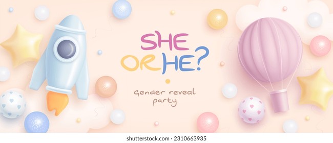 He or she. Cartoon gender reveal invitation template. Horizontal banner with realistic rocket and hot air balloon. Vector illustration