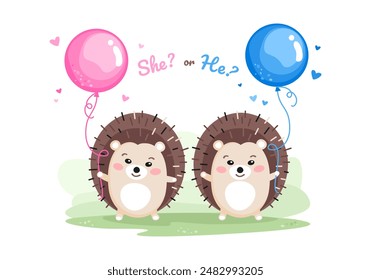 He or she. Cute hedgehogs and helium balloons. Boy or Girl. Baby gender reveal party. Vector illustration. Baby's t-shirt, baby shower, greeting or birthday cards