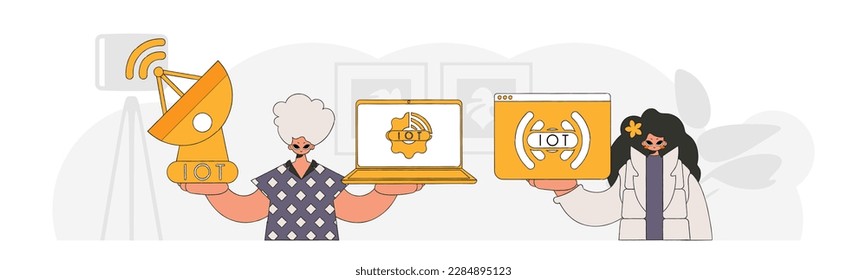Él y ella son un dúo que impulsa la industria de la IoT hacia adelante, en un estilo vectorial elegante y moderno.